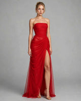 Tessa red strapless ruched mesh maxi dress — studio front