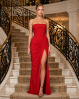Tessa red strapless ruched mesh maxi dress — hotel staircase