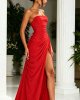 Tessa red strapless ruched mesh maxi dress — product worn view
