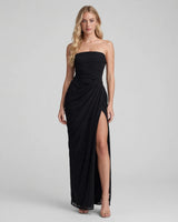 Tessa black strapless ruched mesh maxi dress — studio front