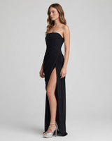 Tessa black strapless ruched mesh maxi dress — studio side view