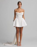 Trinity ivory cowl corset mini dress, front studio view