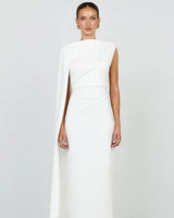 Visenta white asymmetric drape midi dress front view on model