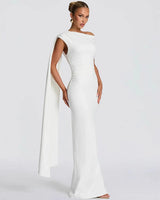 Visenta white asymmetric drape midi dress supplier front view