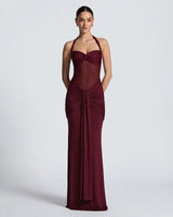 Vixen cherry red halter twist mesh maxi dress – studio front