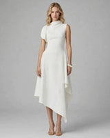 Odette white asymmetric high-neck maxi dress — studio front