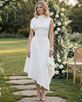 Odette white asymmetric high-neck maxi dress — garden wedding