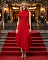 Odette red asymmetric high-neck brooch maxi dress — theatre red carpet
