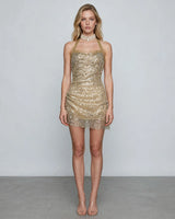 Willa champagne halter sequin mini dress — studio front