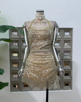 Willa champagne halter sequin mini dress — front view