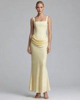 Winona pale yellow satin mermaid maxi dress front view studio
