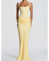 Winona pale yellow satin mermaid maxi dress product front view