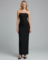 Yara beaded strapless bandage two-piece maxi set, black, front view on model