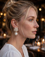 Zia crystal cluster pearl drop earrings — worn