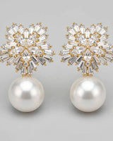 Zia crystal cluster pearl drop earrings — pair close-up