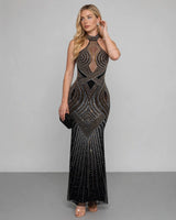 Zoya black halter rhinestone deco maxi dress — studio front