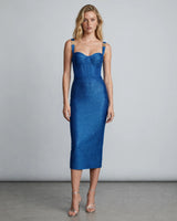 Zelda royal blue glitter bustier bandage midi dress — studio front