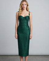 Zelda emerald glitter bustier bandage midi dress — studio front