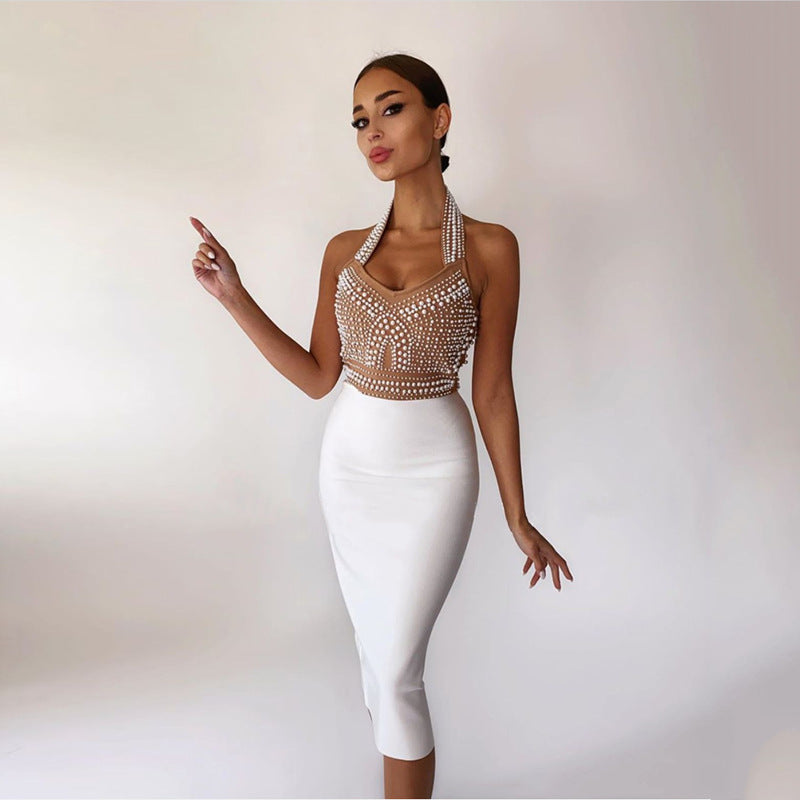 Cornelia Pearl Halter Bandage Dress - Beige fashionmallonline.com Cornelia Pearl Halter Bandage Dress - Beige fashionmallonline.com