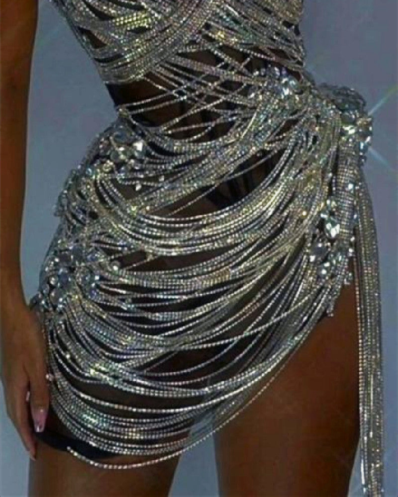 Rihanna Diamond Rhinestone Shining Off Shoulder Mini Dress Clubwear-Silver fashionmallonline.com Rihanna Diamond Rhinestone Shining Off Shoulder Mini Dress Clubwear-Silver fashionmallonline.com
